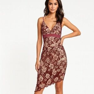Bardot Dahlia Burgundy Tiered Asymmetrical Lace Floral Dress Size 4/XS